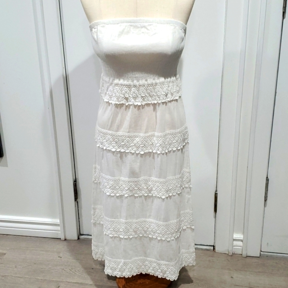 ROXY White Sundress Smocked Waist Tiered Midi White Bohemian Dress Medium